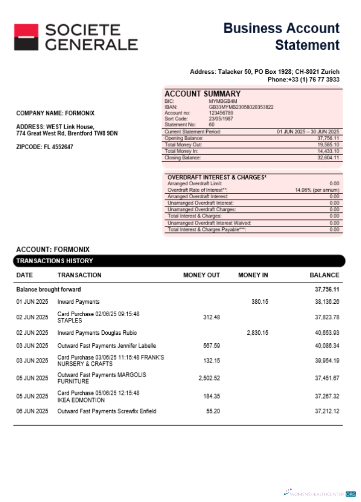 Download Société Générale business account statement Word and PDF template Photoshop template